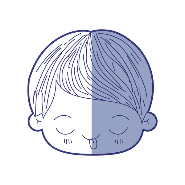 Blauwe arcering silhouet van kawaii hoofd van de kleine jongen met grappige gezichtsuitdrukking — Stockvector