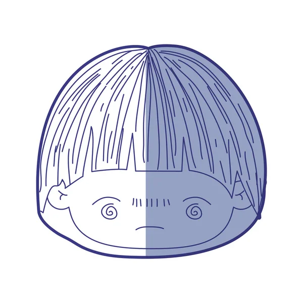 Modrá silueta postavy z kawaii hlavy malého chlapce s výrazem tváře nudným — Stockový vektor
