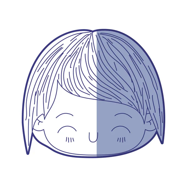 Blauwe arcering silhouet van kawaii hoofd van de kleine jongen met geluk gezichtsuitdrukking — Stockvector