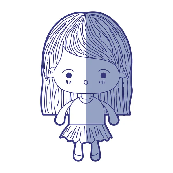 Silhouette nuancée bleue de petite fille kawaii aux cheveux raides et expression faciale surprise — Image vectorielle