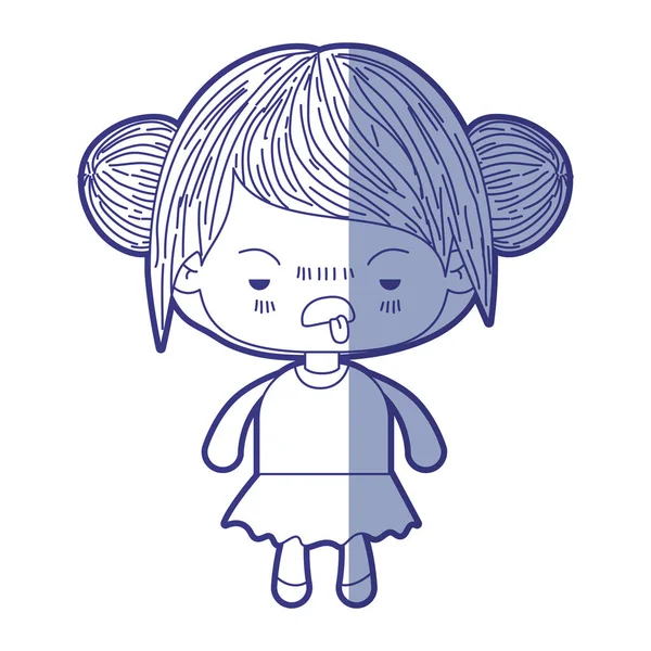 Silhueta de sombreamento azul de menina kawaii com cabelos coletados e expressão facial desagradável —  Vetores de Stock