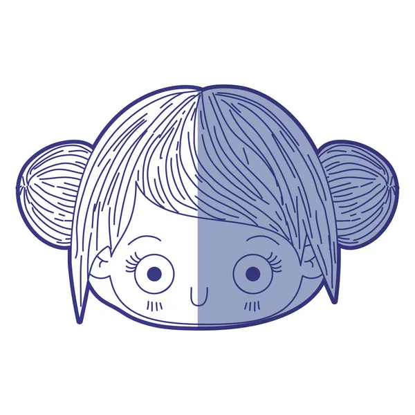 Silhueta de sombreamento azul da cabeça kawaii linda menina com cabelo coletado —  Vetores de Stock