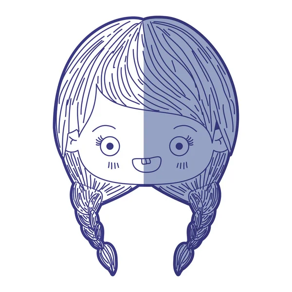 Blauwe arcering silhouet van kawaii hoofd van schattige meisje met gevlochten haar en glimlachen — Stockvector