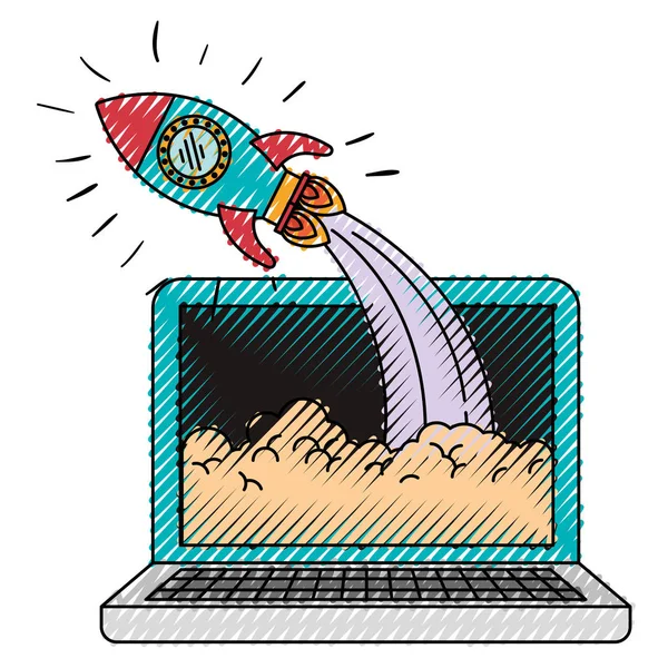 Кольоровий крейдяний силует ноутбука комп'ютера і космічної ракети — стоковий вектор