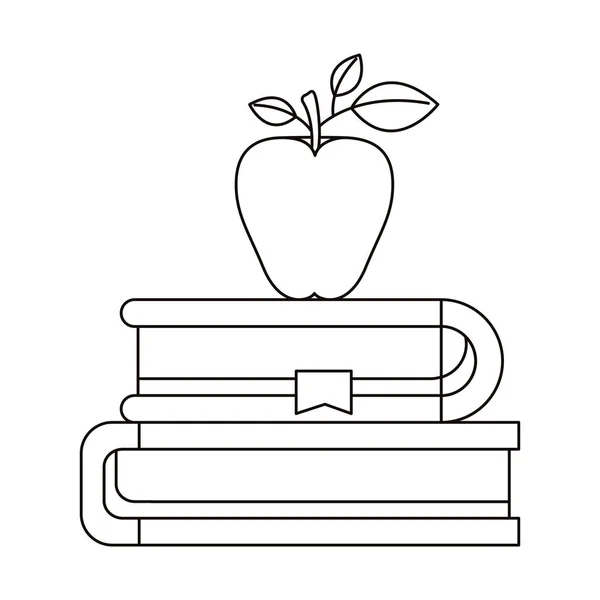 Esboço silhueta de par de livros com marcador e maçã —  Vetores de Stock