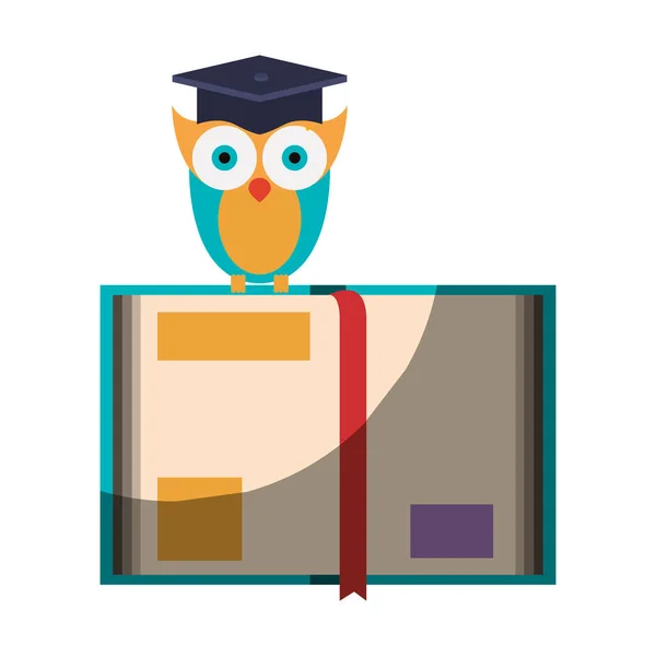 Realistica immagine colorata ombreggiatura della conoscenza gufo con cap graduazione sul libro — Vettoriale Stock