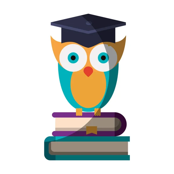 Realistica immagine colorata ombreggiatura della conoscenza gufo con cap graduazione su pila di libri — Vettoriale Stock
