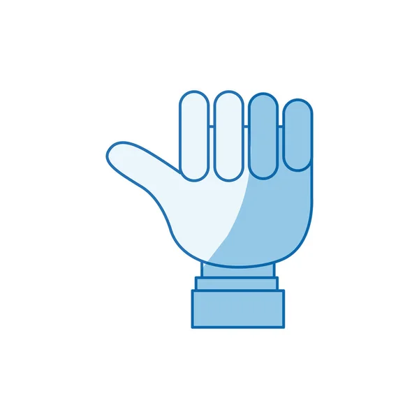 Silueta de sombreado de color azul cerrada a mano con pulgar que muestra a un lado con manga de camisa — Vector de stock