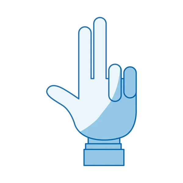 Modrá barva stínování silueta ruka dlaň ukazující dva prsty s rukávem košile — Stockový vektor