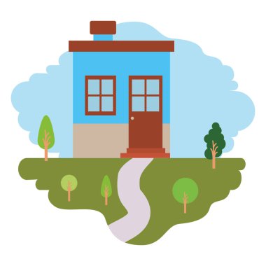 doğal peyzaj ve baca ile küçük ev renkli sahne ile beyaz arka plan