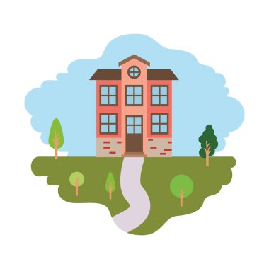 çatı ile iki katlı doğal peyzaj ve cephe ev renkli sahne ile beyaz arka plan