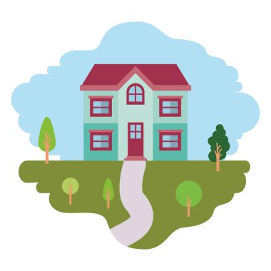 iki katlı doğal peyzaj ve cephe ev renkli sahne ile beyaz arka plan