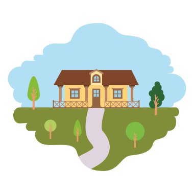 doğal peyzaj ve korkuluk ile kır evi renkli sahne ile beyaz arka plan