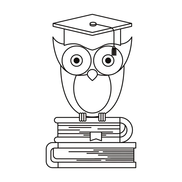 Croquis silhouette de la connaissance des hiboux avec graduation de casquette sur pile de livres — Image vectorielle