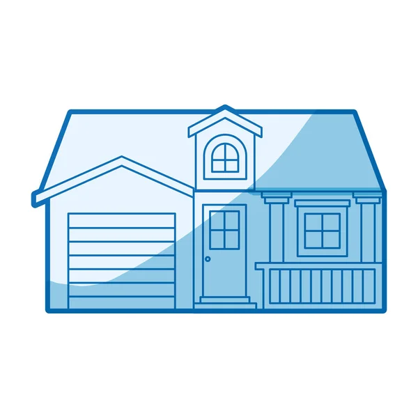 Silueta de sombreado azul fachada casa con garaje y ático — Vector de stock