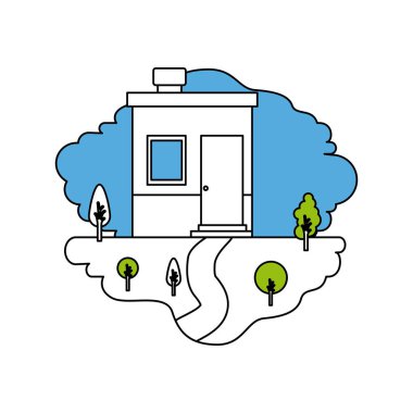 doğal peyzaj ve baca ile küçük ev renk bölümleri siluet sahne