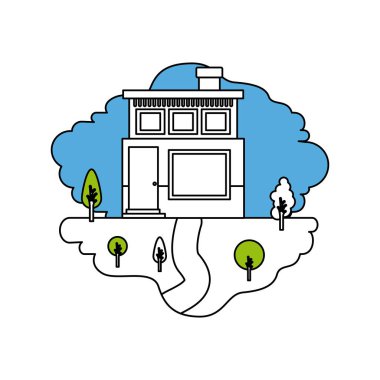 doğal peyzaj ve baca ile iki katlı ev renk bölümleri siluet sahne