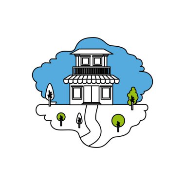 balkon ve Tente ile iki katlı doğal peyzaj ve ev renk bölümleri siluet sahne