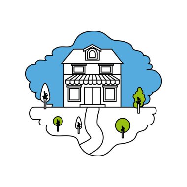 renk bölümleri siluet sahne doğal peyzaj ve ev ile iki katlı çatı ve Tente