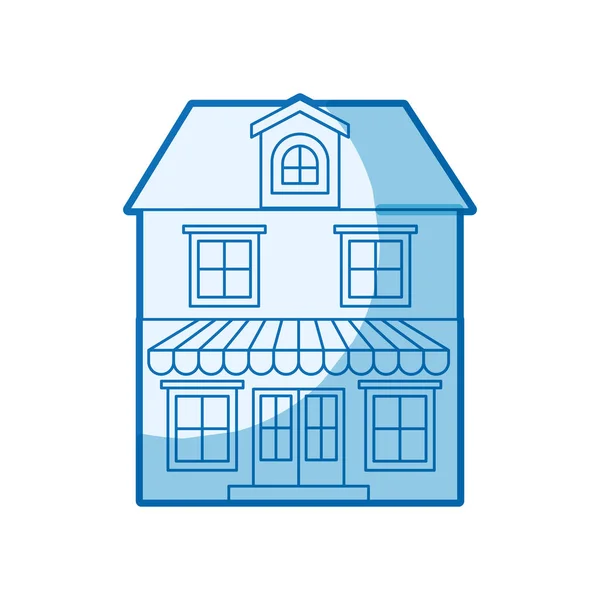 蓝色阴影的房子的轮廓与两层楼阁楼和遮阳篷 — 图库矢量图片