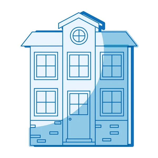 Silueta de sombreado azul fachada casa de dos plantas con ático — Vector de stock