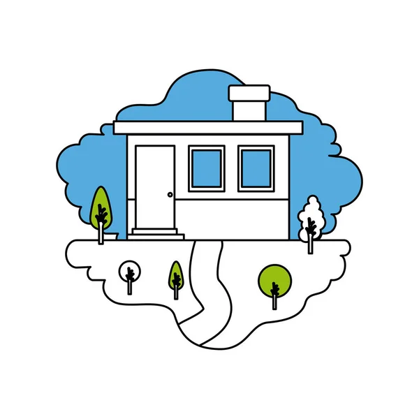 Farbschnitte Silhouette Szene der natürlichen Landschaft und kleine Hausfassade mit Schornstein — Stockvektor