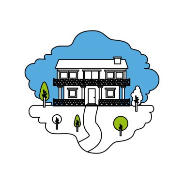 doğal peyzaj ve iki katlı kır evi renk bölümleri siluet sahne korkuluk ile