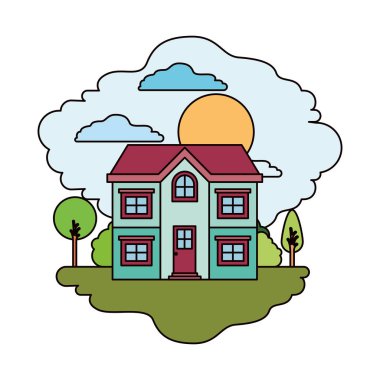 güneşli bir günde iki kat doğal peyzaj ve cephe ev renkli sahne ile beyaz arka plan