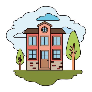 güneşli bir günde çatı ile iki katlı doğal peyzaj ve cephe ev renkli sahne ile beyaz arka plan