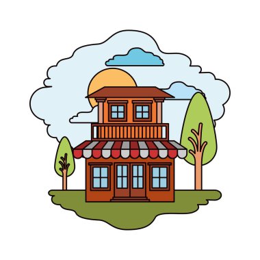 güneşli bir günde balkon ve Tente ile iki katlı doğal peyzaj ve ev renkli sahne ile beyaz arka plan