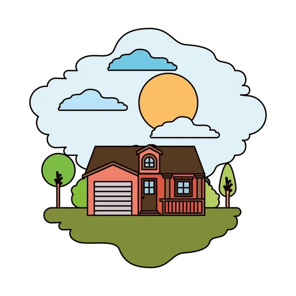 Güneşli bir günde garaj ve çatı ile doğal peyzaj ve cephe evin renkli sahne ile beyaz arka plan — Stok Vektör