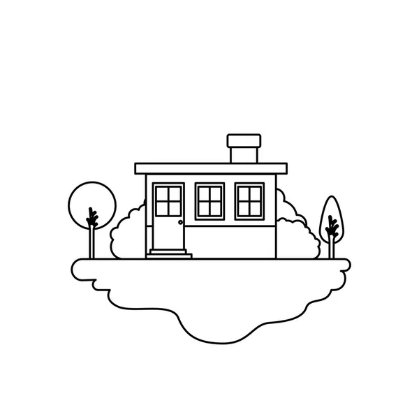 单色剪影场景的户外景观和小房子立面与烟囱 — 图库矢量图片