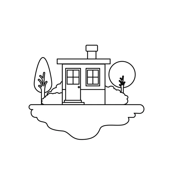 Monochrome silhouette scene of outdoor landscape and small house with chimney — Stock Vector