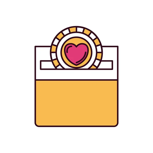Sziluett színes szakaszok Front View lapos érme szív szimbóluma belsejében letétbe egy karton dobozban — Stock Vector