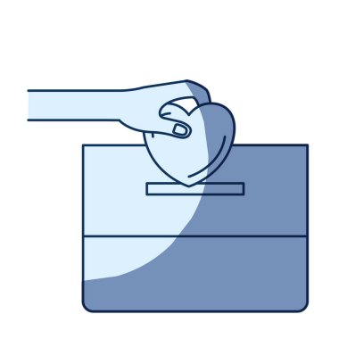 bir karton kutuda düz kalp yatırma ile ön bakış el Mavi renk siluet gölgelendirmesi