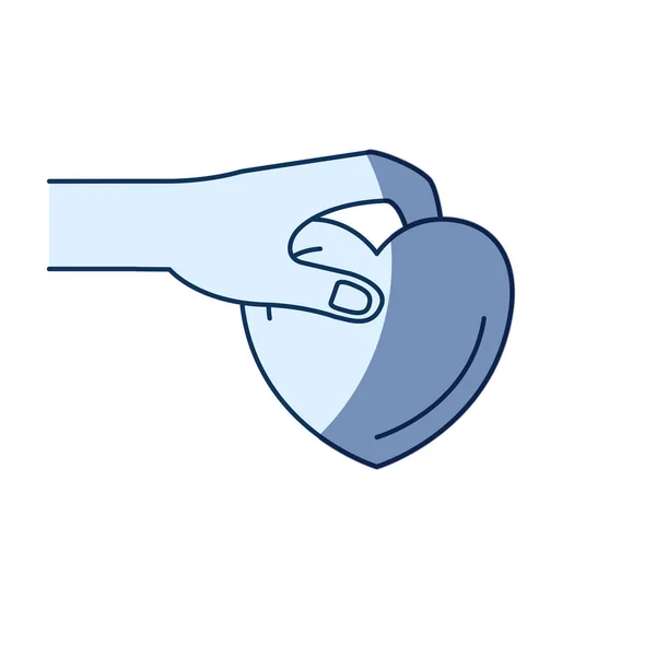 Colore blu ombreggiatura silhouette della vista laterale di mano in possesso di un cuore simbolo di carità per depositare — Vettoriale Stock
