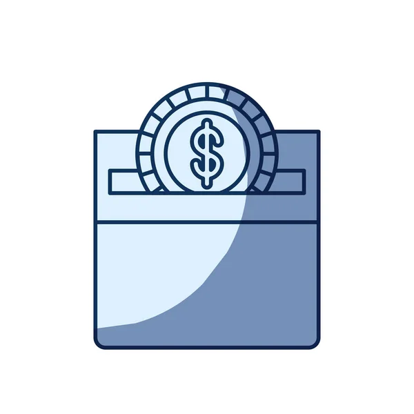 Blå färg silhuett skuggning av framifrån platt mynt med dollar symbol deponering i en kartong — Stock vektor