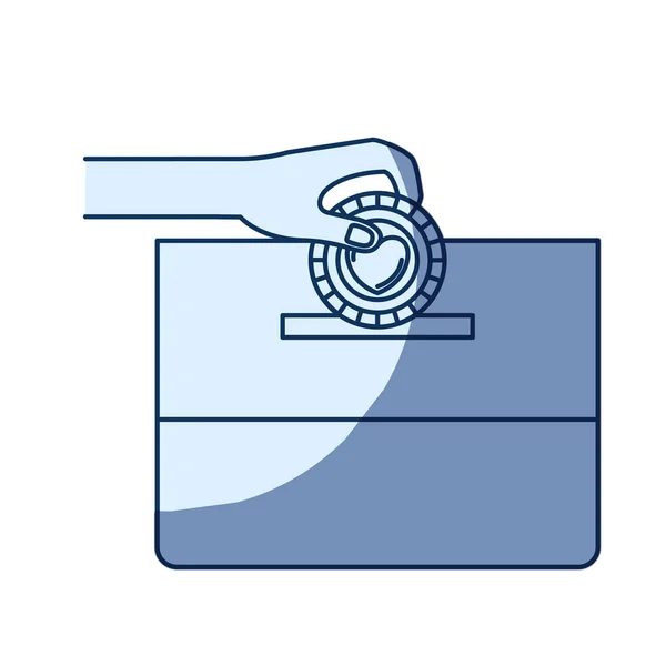 Silhouette de couleur bleue ombrage de la main vue de face avec pièce plate avec symbole de coeur à l'intérieur de dépôt dans une boîte en carton — Image vectorielle