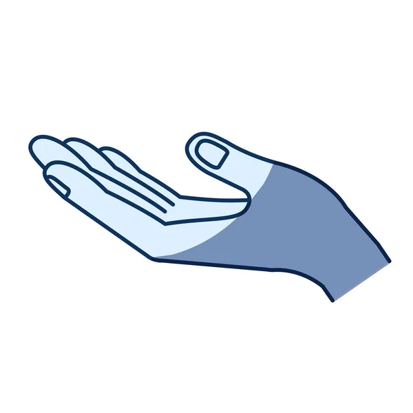 Blauwe kleur silhouet arcering van geopende hand van het symbool van ontvangst — Stockvector