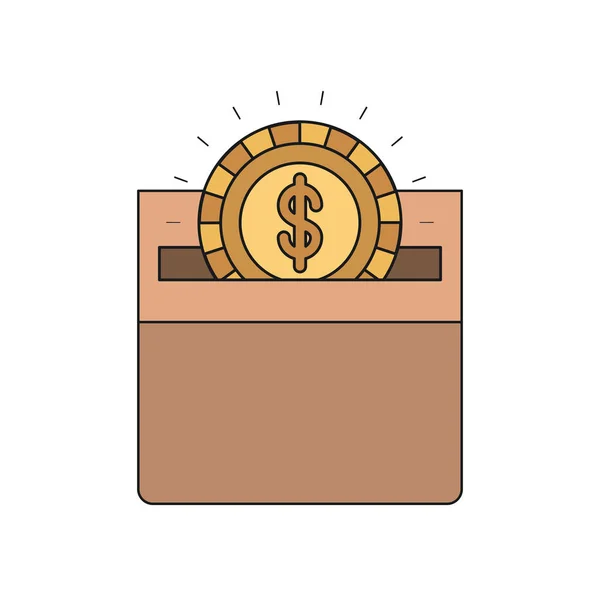 Kleurrijke silhouet vooraanzicht platte gouden munt met dollar symbool deponeren in een kartonnen doos — Stockvector