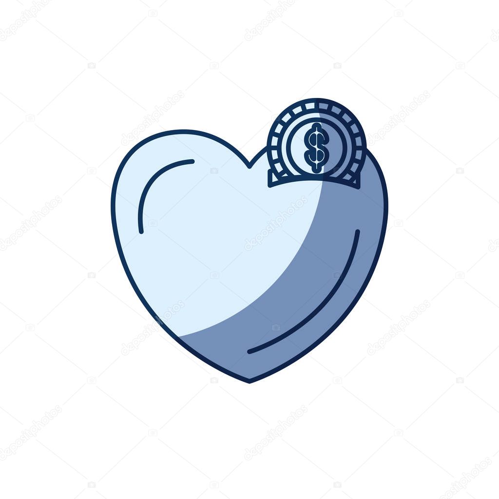 blue color silhouette shading of money box in heart shape with coin with dollar symbol