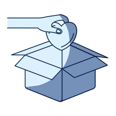 karton kutuda para yatırma için bir kalp tutan el Mavi renk siluet gölgelendirmesi