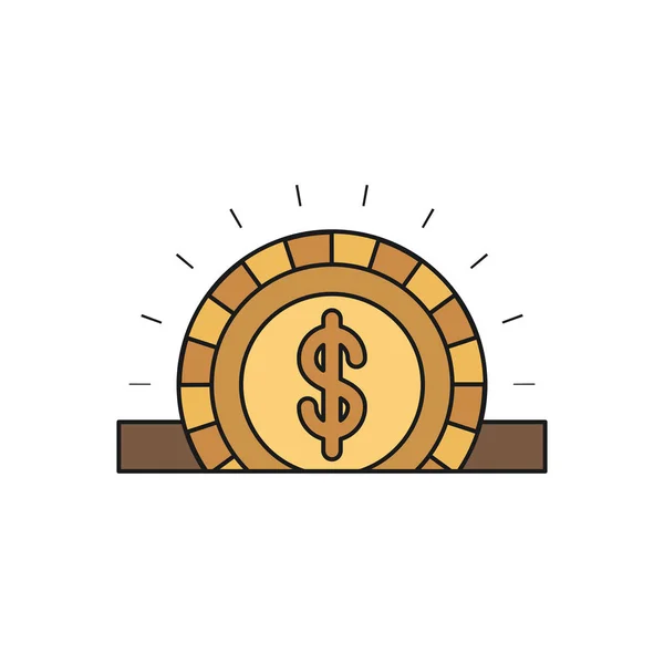 Silhueta colorida closeup moeda dourada plana com símbolo de dólar depositando em ranhura retangular — Vetor de Stock