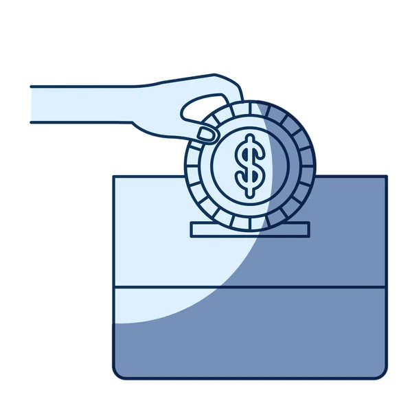 Silhueta de cor azul sombreamento da mão vista frontal com moeda plana com símbolo de dólar depositando em uma caixa de papelão — Vetor de Stock