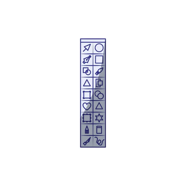 Fondo blanco con silueta de sombreado azul de la caja de herramientas básica para gráficos de diseño — Vector de stock