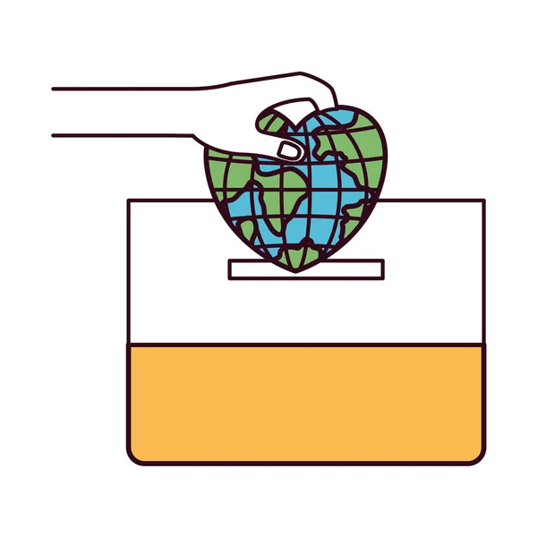 Bir karton kutu içinde kalp şekli yatırma düz dünya Earth dünya ile siluet renk bölümleri ön görünüm — Stok Vektör