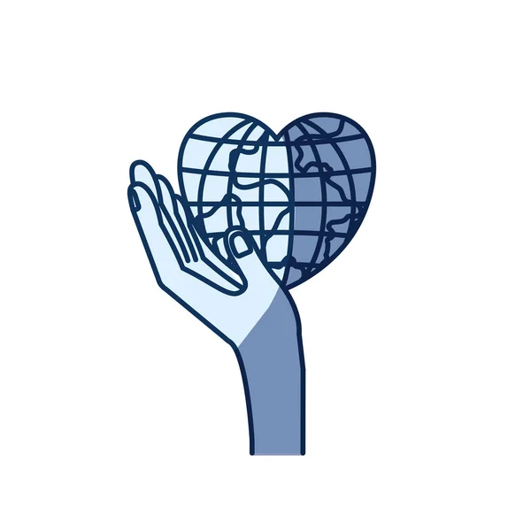 Colore blu silhouette ombreggiatura della mano vista laterale tenendo in palma un mondo globo terra a forma di cuore — Vettoriale Stock