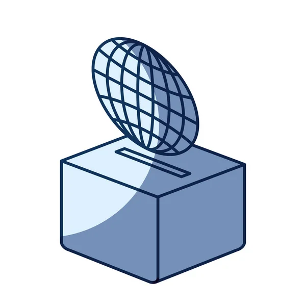Colore blu ombreggiatura silhouette di globo piatto terra grafico del mondo depositando in una scatola di cartone — Vettoriale Stock