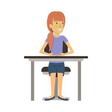 at kuyruğu saç ile kadın renkli siluet ve masaüstünde sandalyede oturan