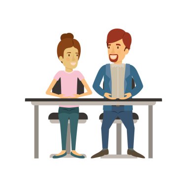 kadın ve adam masada oturan ve onu toplanan saç ve Van Dyke sakal ile rahat giysiler onu ile beyaz arka plan